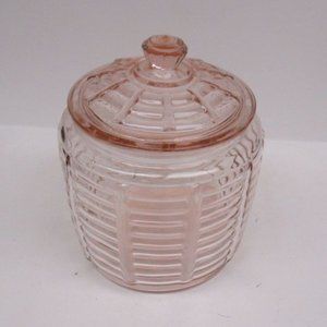 Hocking Depression Glass Pink PANELED and RIBBED Cookie Cracker Jar with Lid